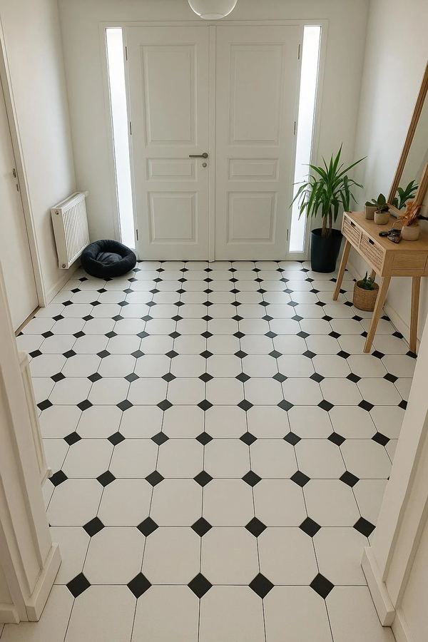 Entrée de maison au sol en carreaux blancs à cabochons noirs