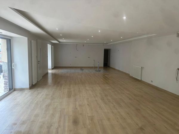 Grande pièce terminée, parquet et faux plafond