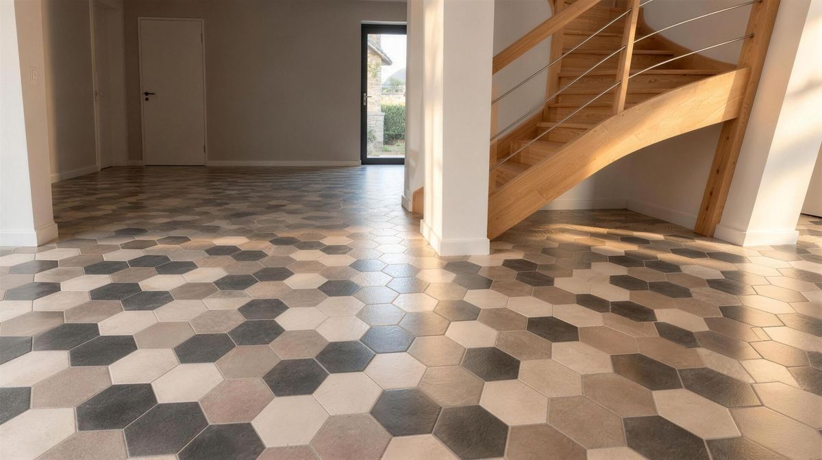 Entrée d'une maison rénovée : carrelage hexagonal posé par MASSARD ET ASSOCIES et escalier en chêne